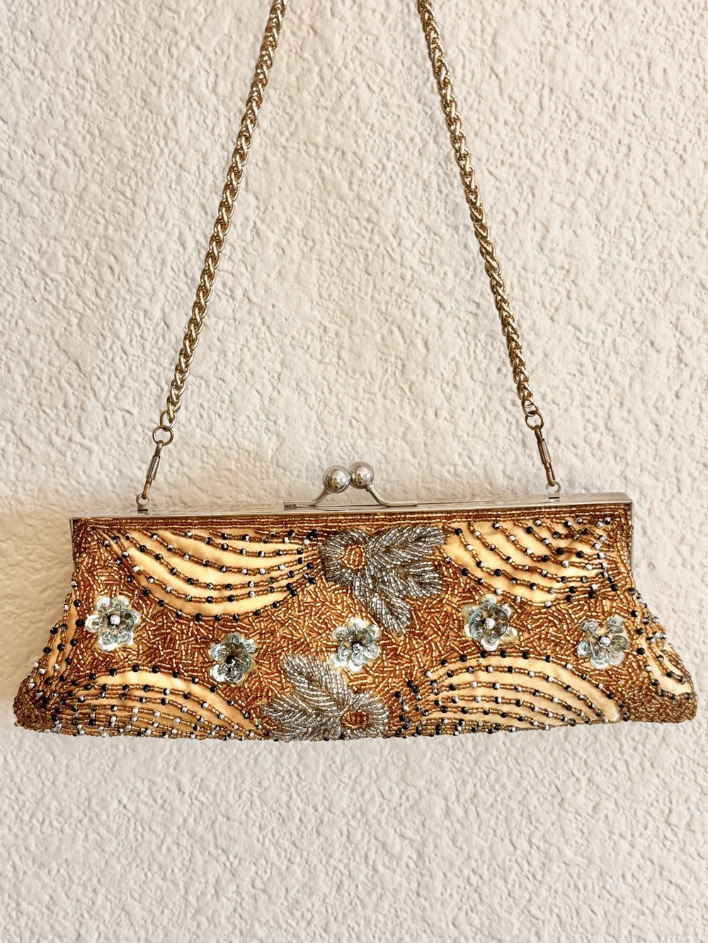 Vintage Hand Beaded Satin Evening Bag With Chain